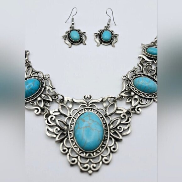 Boho Silver Filigree Faux Turquoise Statement Bib Necklace & Earring Set - Picture 3 of 10